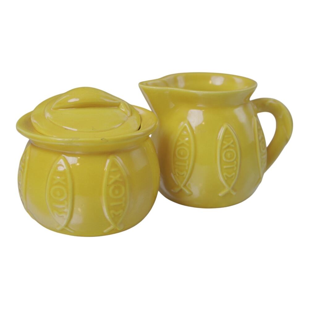 Federalist Buttercup Yellow Fish Creamer Sugar Bowl Vintage Set - Picture 3 of 12